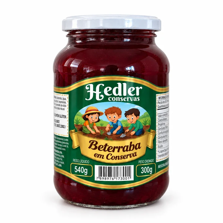 Beterraba em conserva Hedler — pote pequeno, 540 g de peso líquido e 300 g de peso drenado