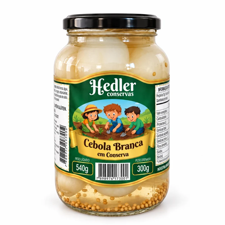 Cebola branca Hedler — pote pequeno, 540 g de peso líquido e 300 g de peso drenado