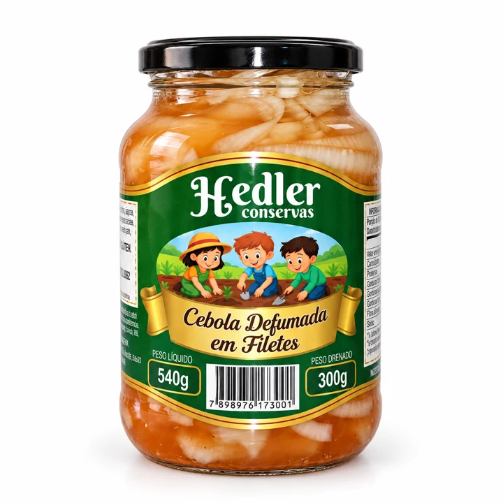 Cebola defumada Hedler — pote pequeno, 540 g de peso líquido e 300 g de peso drenado