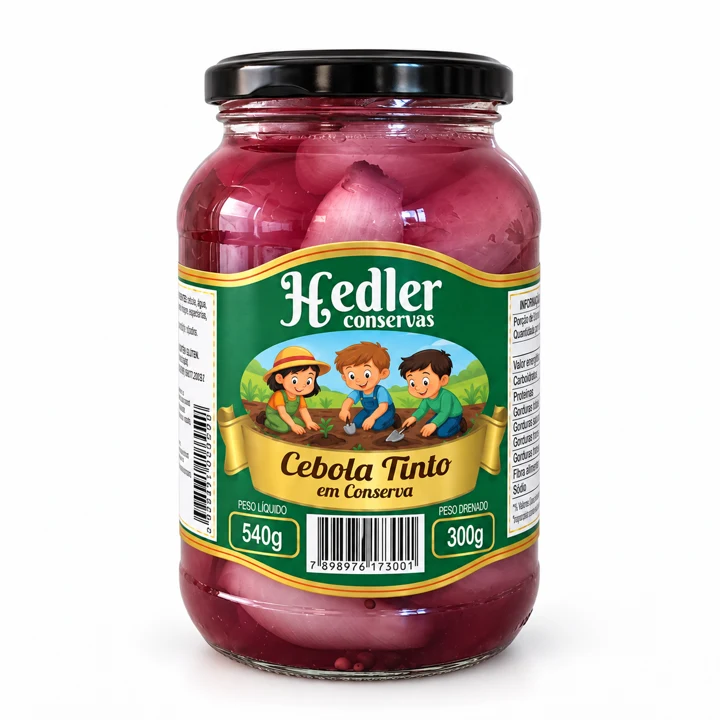 Cebola tinto Hedler — pote pequeno, 540 g de peso líquido e 300 g de peso drenado