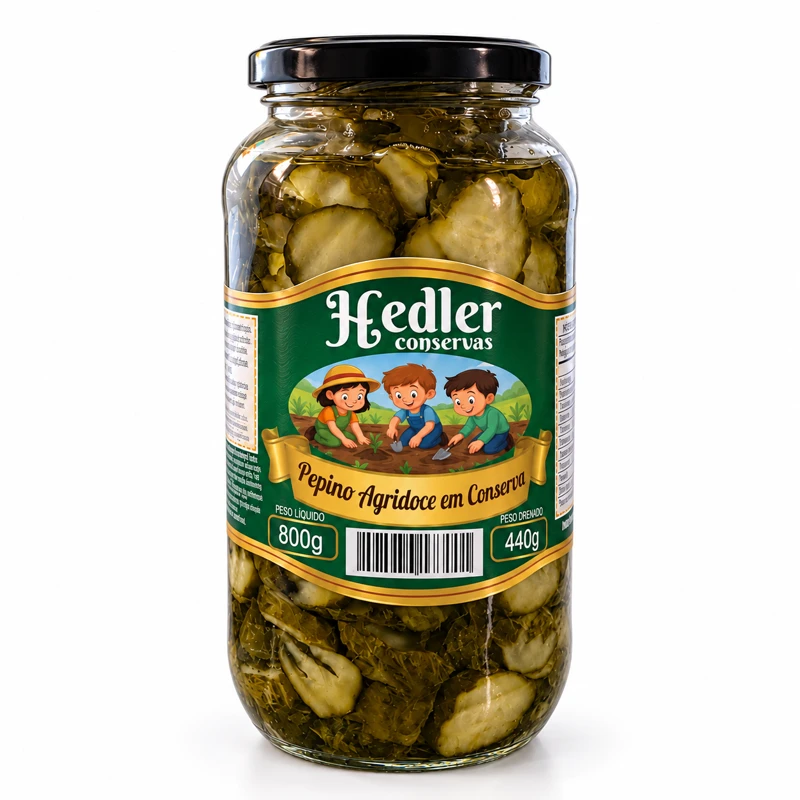 Pepino agridoce Hedler — pote pequeno, 800 g de peso líquido e 440 g de peso drenado